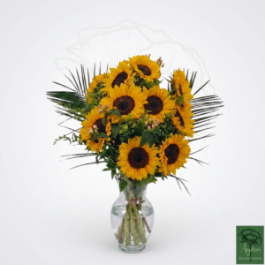 Boeket Volle Zon met gele zonnebloemen, uitgesproken groen en kleine roze accenten